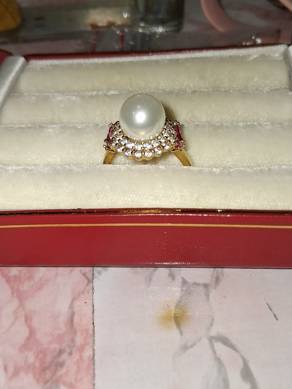 Gold Pearl Ring with Pink Accent Stones